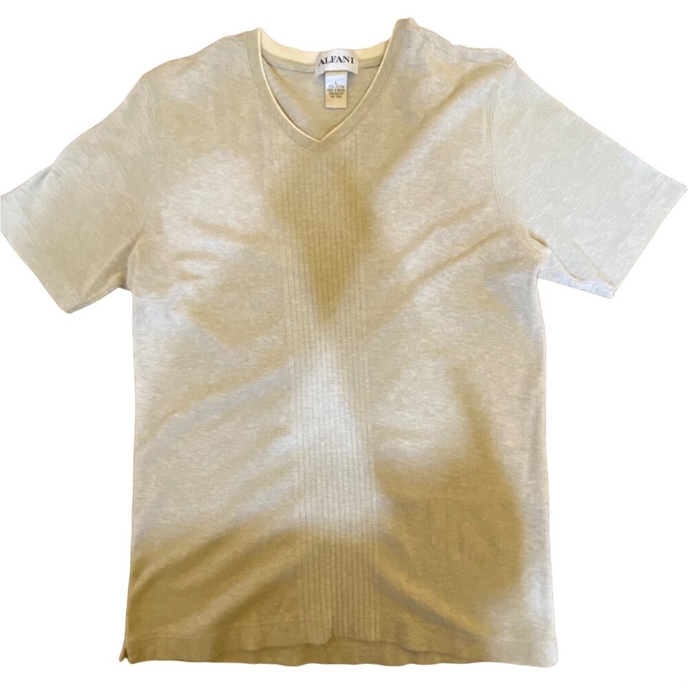 Alfani Mens Beige V-Neck Shirt L 100% Cotton Casual Short Sleeve Top